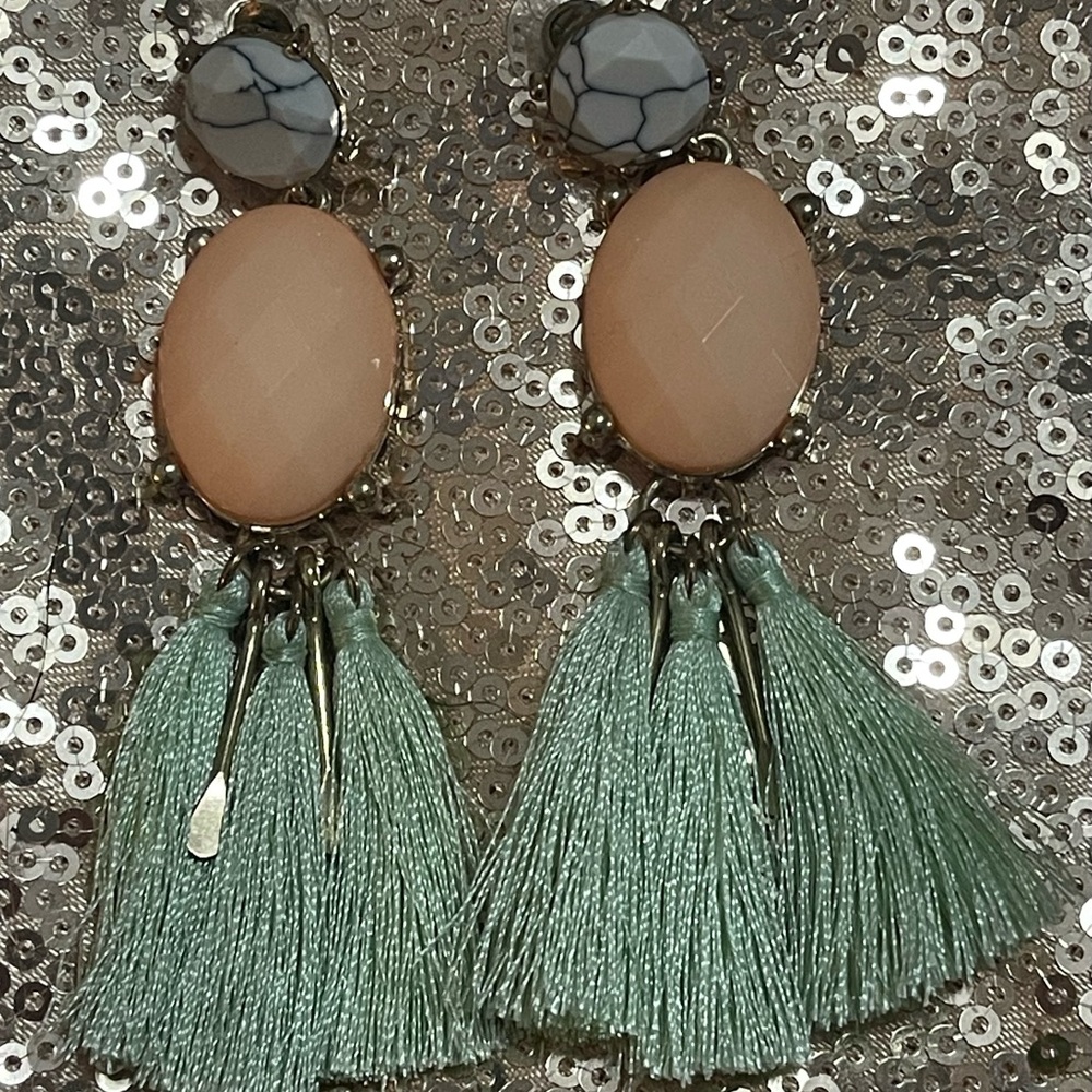 Elegant Peach and Mint Stud Tassel Earrings